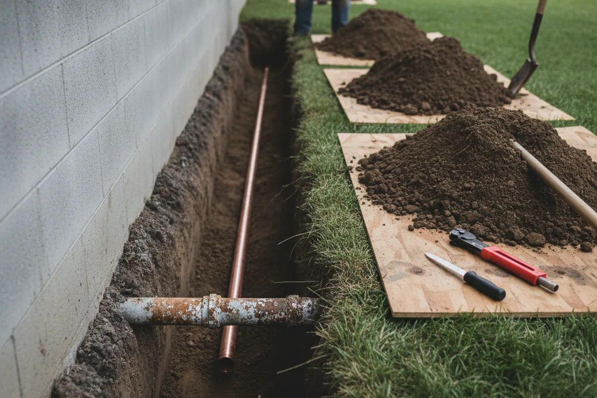 Excavated water line trench during Water Heater Repair in Shirley Mills